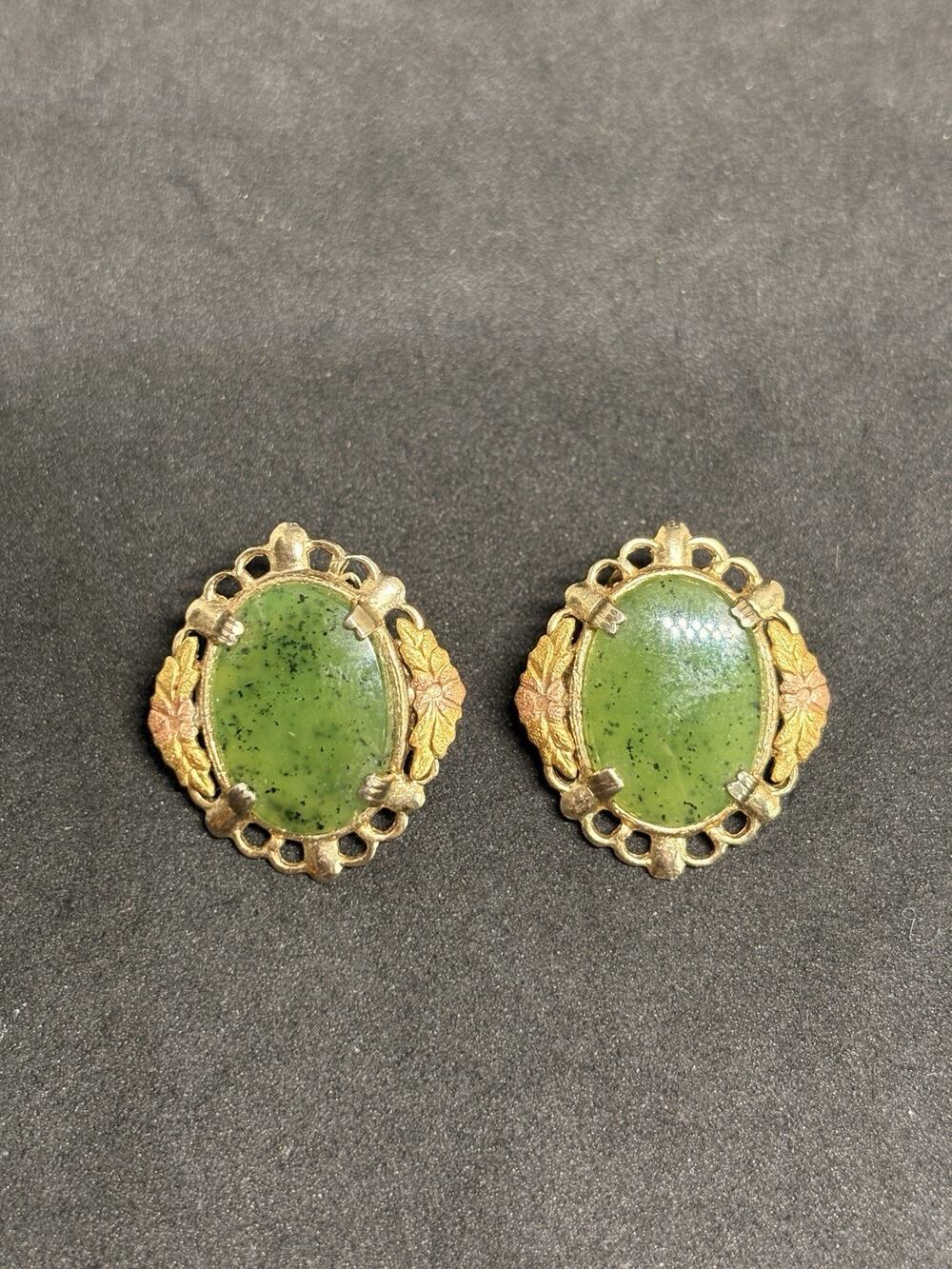 Vintage Gold Tone Black hill Gold? Nephrite Jade Floral Clip On Earrings 1”